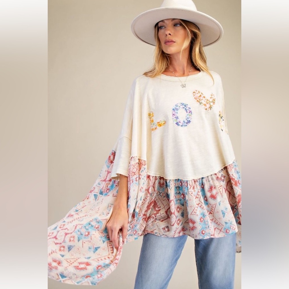 332 1 left 🎉EASEL MIXED PRINT LOVE PATCH WASHED TOP - Picture 5 of 5